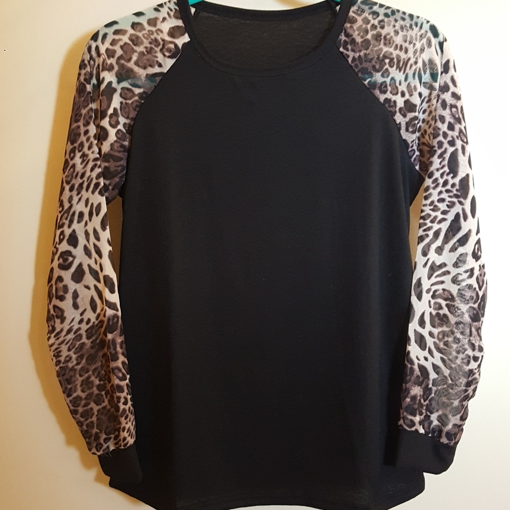 Black Baseball Tee with Sheer Leopord Sleeves